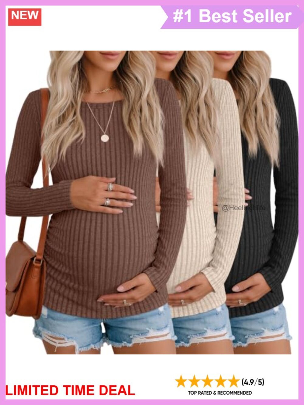 Maternity Long Sleeve Boat Neck Ribbed Tops 3 Pack Pregnancy Tees